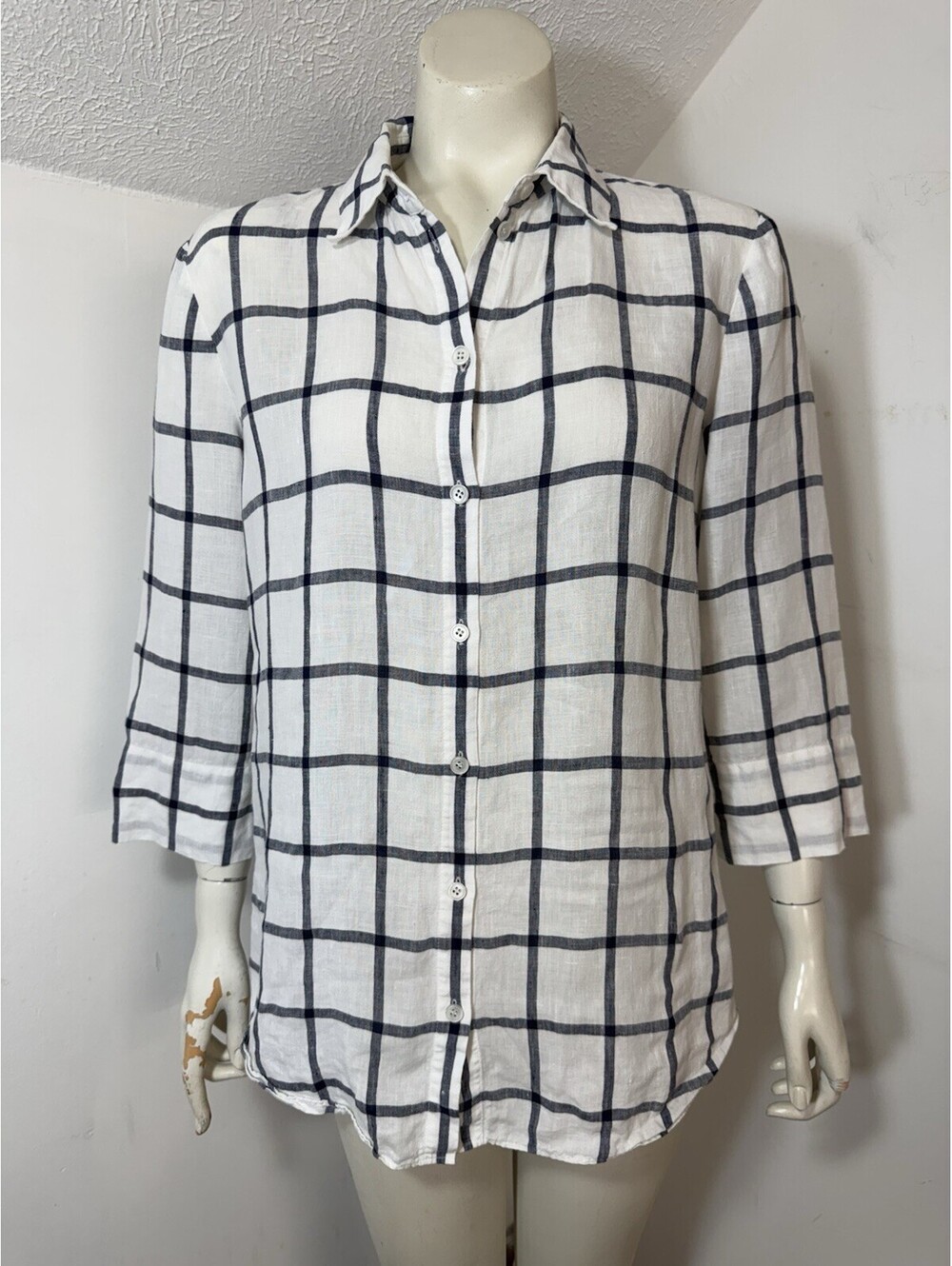 Lafayette 148 Womens Large Linen Blouse White Navy Windowpane 3/4 Sleeves